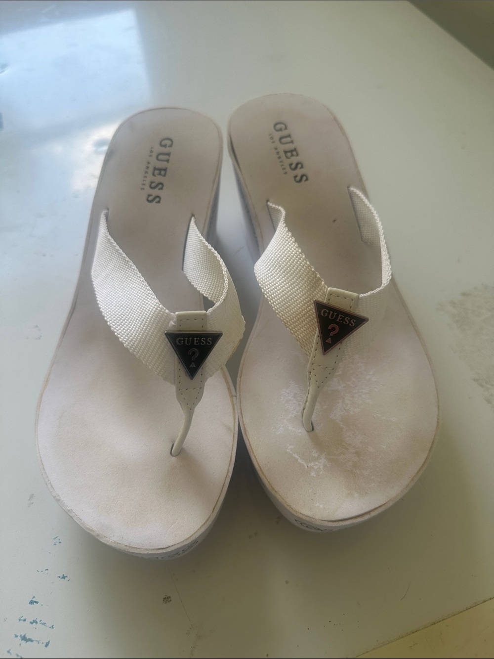 GUESS Cream Wedge Thong Sandals with Logo Triangle